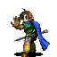 Pixelated character with brown hair and green armor, blue cape flowing left, two swords at waist, right hand raised in gesture.