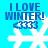 Blue background with white snowflake, blue text "I LOVE WINTER!" and blue "<333" symbol, animated snowflake rotation.