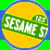 A pixelated contact sheet showing two frames of a Sesame Street-themed animated buddy icon with green and yellow branding elements.