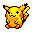 Pixelated yellow and orange creature with black outlines, two expressions shown side-by-side on gray background.