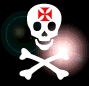 White skull with red cross on forehead and crossed bones, glowing light effects in four