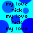 Static image with repeating text 'my love nick' over blue circular shapes on a cyan background.