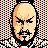 Pixelated 48x48 static icon of a bald character with stern expression, orange and black checkered background, yellow skin tone, visible facial features including eyebrows, nose, mouth, and beard.