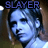 Two side-by-side animated frames of a pixelated character with blue-toned skin and long hair, each labeled "SLAYER" in blocky text above the head against a dark background.