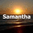 A static pixelated image shows a sunset over water with the name "Samantha" in white block letters across the middle.
