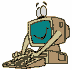 Pixelated character with teal screen face, beige body, and brown keyboard typing under white background.