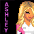 Animated pixel art contact sheet showing a blonde female character with pink and white clothing across multiple frames, each labeled "ASHLEY" vertically in purple text on the left side of the frame.
