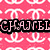 Pink background with repeating white interlocking C logos, black text reading CHANEL IS LOVE in pixelated font.