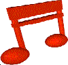 Two pixelated musical notes, one red and one green, positioned side-by-side on a gray background.