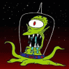 Green alien with single red-eyed eye, sharp teeth, and tentacles inside a transparent dome on a blue base against starry space background.