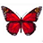 A red butterfly with brown and black wing patterns on a white background, next to yellow with pixelated text