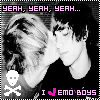 Black-and-white photo of two people in close pose with one kissing the other's cheek, text "YEAH, YEAH, YEAH..." and "I ❤️ EMO BOYS" below.