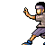 Pixel art character in gray shirt, purple shorts, blue shoes performing martial arts poses with motion blur effects on limbs.