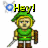 Pixelated character in green tunic and hat holds sword and shield, with text above changing from 'Hey!' to 'Listen!'