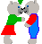 Pixelated cartoon bears in green shirts and red/blue overalls interact across showing movement from standing to kissing