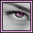 A grayscale eye with a purple iris is surrounded by shifting pixelated text fragments that gradually form the word 'PURPLE' at the bottom of the frame.