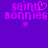 Pixelated purple background with pink text 'saint bonnies' and heart symbols, two variations of the same design side-by-side.