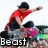 A pixelated figure in a red shirt and black hat strikes a dynamic pose with one arm extended, standing on a rocky surface with blurred background elements.