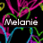 Pixelated image with vibrant pink, green, blue, and yellow abstract shapes on black background; white text 'Melanie' in bold sans-serif font centered horizontally.
