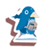 Pixelated blue bird-like character with yellow beak holding a guitar, standing on a book next to a brown music note symbol.