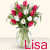 A contact sheet of five animated frames showing a bouquet of red and white flowers in a glass vase with the name "Lisa" displayed below, arranged in a 3x2 grid layout.