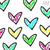 Pixelated heart-shaped icons with black outlines in various colors including green, pink, cyan, and yellow, arranged in a scattered pattern on a white background.