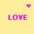 Yellow background with four pink 'LOVE' text blocks arranged in a , two pixelated heart symbols above and below the