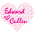 A heart-shaped wordwall of pink text reading "Edward Cullen" with a small heart symbol, next to a person in a blue shirt smiling.