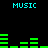 Pixelated cyan text "MUSIC" appears four times above and below green horizontal bar graphs on a black background.