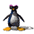 Pixelated penguin with black, white, and blue body, orange feet, and pink head accessory in multiple poses.
