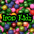 Green text 'Iron Kids' overlaid on a background of colorful round candies, with an adjacent scene showing animated characters in motion.