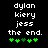 Pixelated text displays names and 'the end.' with green heart symbols below, showing animation where one heart changes color.