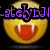 Yellow emoji face with red mouth and white fangs, purple text above and below the face on a black background.