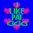 Pixelated blue background with pink hearts and green text reading "I LIKE PAT" with a green chain symbol below, arranged in a repeating pattern with slight variations in heart placement across frames.