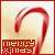 Red candy cane with white stripes curves over a beige background, beneath red text reading 'merry xmas' in pixelated green and white letters.