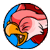 Pixelated circular icon with red, blue, and yellow sections containing a pink cartoon bird-like face with closed eyes and an open beak.
