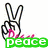 Pixelated hand making peace sign with text elements: 'peace' in green, 'OUT' in orange, and 'GIRL scout' in pink.