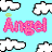 Pixelated static icon with light blue background featuring pink text, white clouds with black outlines, and a small yellow halo above the text.