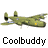 A 48x48 pixel animated contact sheet showing seven frames of a green military aircraft icon with yellow accents, each labeled "Coolbuddy" below in black text on white background.