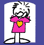 Four cartoon stick figures in pink shirts with yellow hearts, each in a distinct pose against white backgrounds on blue