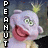 A purple puppet with green eyes and a yellow crown, mouth open in a wide smile, displayed across four