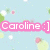 Light blue background with scattered pastel flowers and green leaves, pink text reading "Caroline :]" in pixelated font.