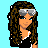 Pixelated character with long brown hair and silver sunglasses, wearing a black top; adjacent pixel art of bikini-clad torso and foot on bright blue background.