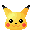 Pixelated yellow cartoon head with black-tipped ears, red cheek circles, and changing eye expressions across frames.
