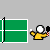 Animated sequence of a yellow-clad figure playing ping-pong on green courts with white lines, showing ball movement and paddle swings.