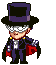 Pixel art character in top hat and cape with changing facial expressions