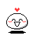 A 2x2 contact sheet of four pixel art frames showing a white rounded character with red blush marks, black eyes and mouth, a small red heart above its head, and a black base on gray background.