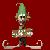 Pixelated figure with green hat and white outfit on red background, holding curved object.