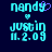 Two side-by-side pixelated text displays with cyan lettering on dark blue background, each showing 'nandy', a small heart symbol, and 'justin m. 2.09' in blocky font.