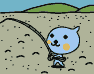 Blue cartoon character with yellow cheeks holds a long black pole, standing on sandy ground under blue sky and green hills.